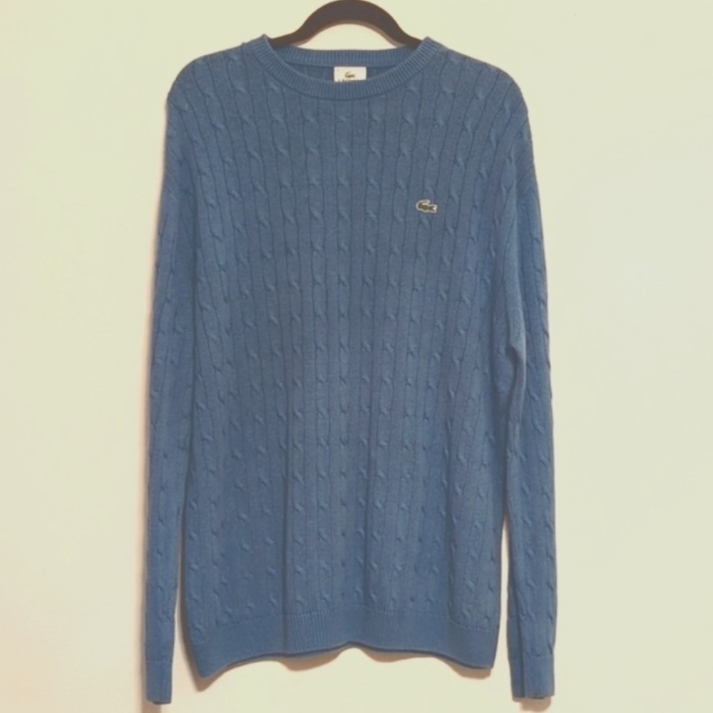 Lacoste Men's Crew Neck Size XL Wool Cable Knit Effect Sweater, light blue